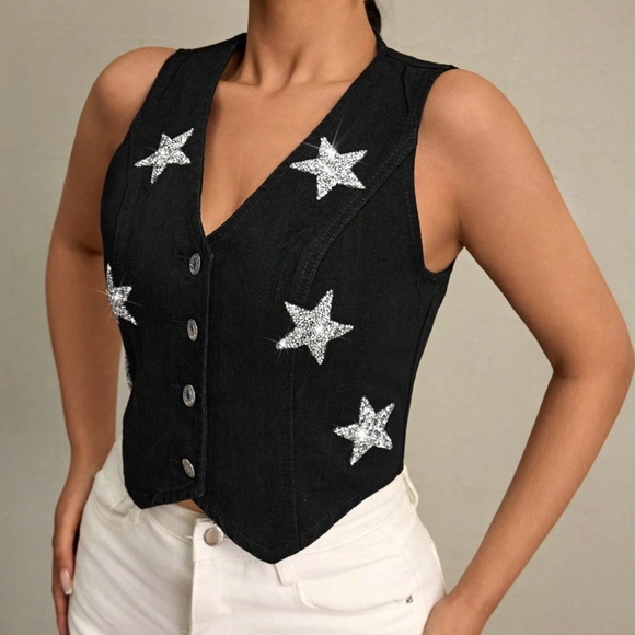 Dark Wash Blue Glitter Star Button Down Denim Jean Western Vest - Picture 11 of 12